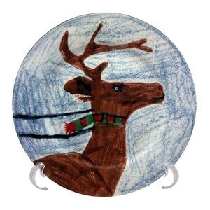 Christmas Village Kids Collection Reindeer Cookie Plate‎ Brown Blue Christmas
